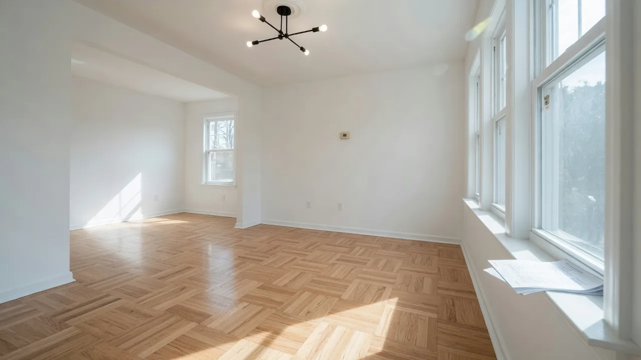 Bright empty living room with hardwood floors and a folded final walkthrough checklist on the window sill