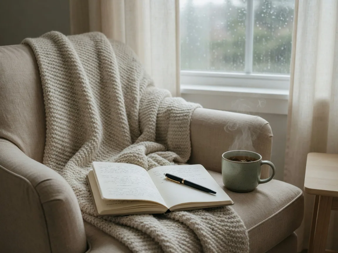 An open journal and a steaming mug of tea on an armchair by a window