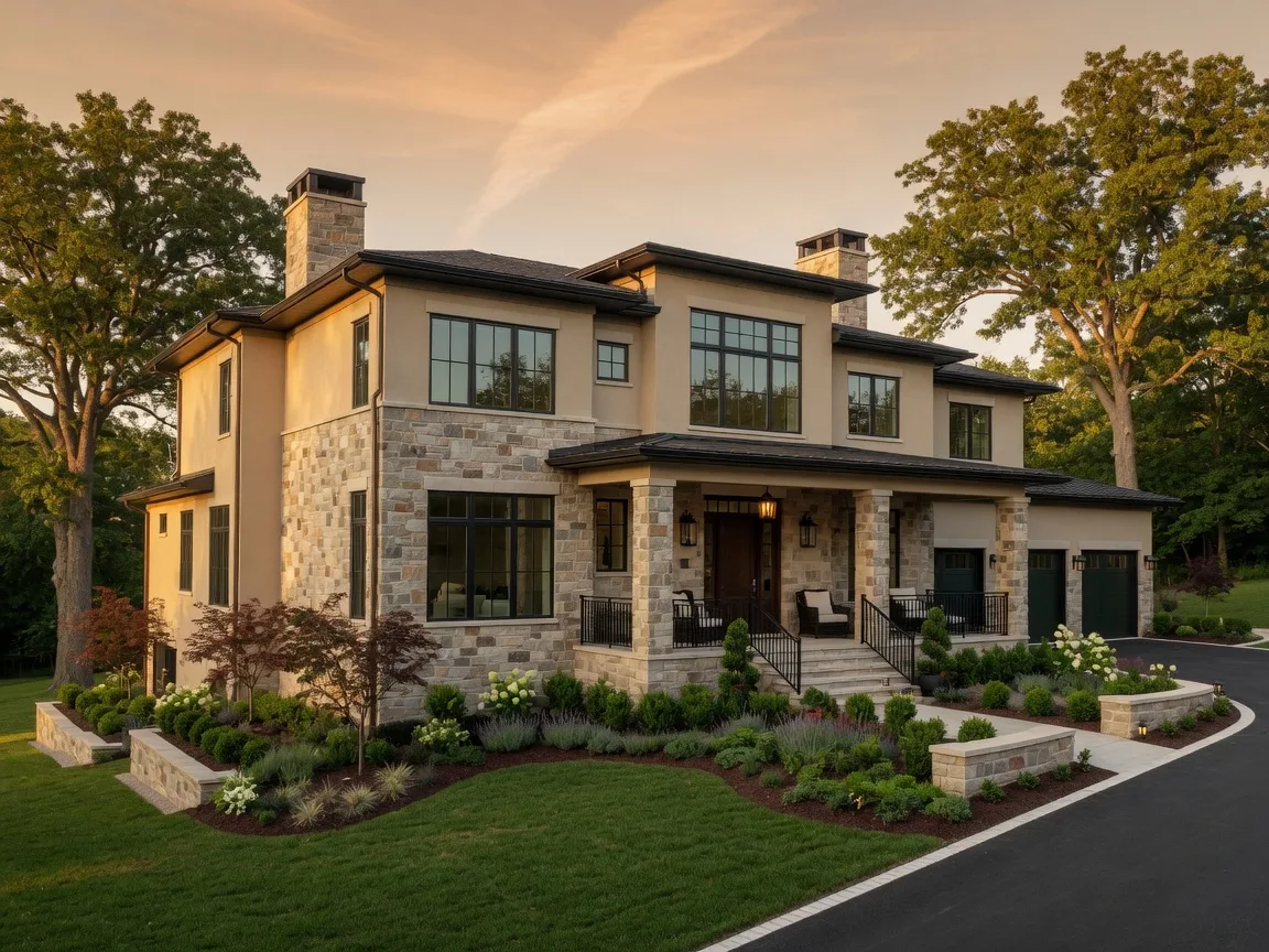 A beautiful new construction custom home in Parkville, Missouri with modern luxury architecture and professional landscaping