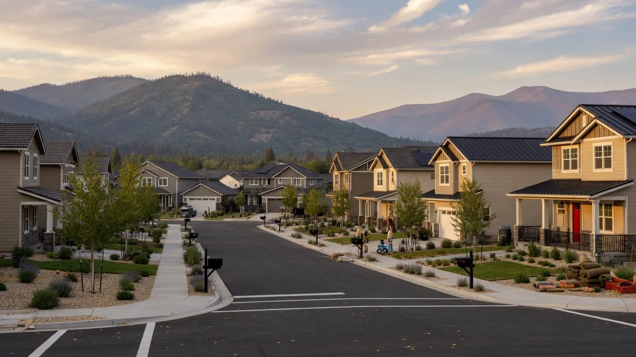 Newly built modern homes with warm siding and metal roofs on a fresh residential street in Talent, Oregon, with the Rogue Valley hills glowing in late-afternoon September light
