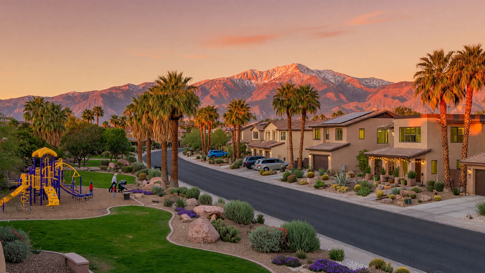 Master-planned community in Southwest Las Vegas at golden hour with palm-tree-lined streets, modern homes, a community park with playground, and the snow-dusted Spring Mountains in the distance