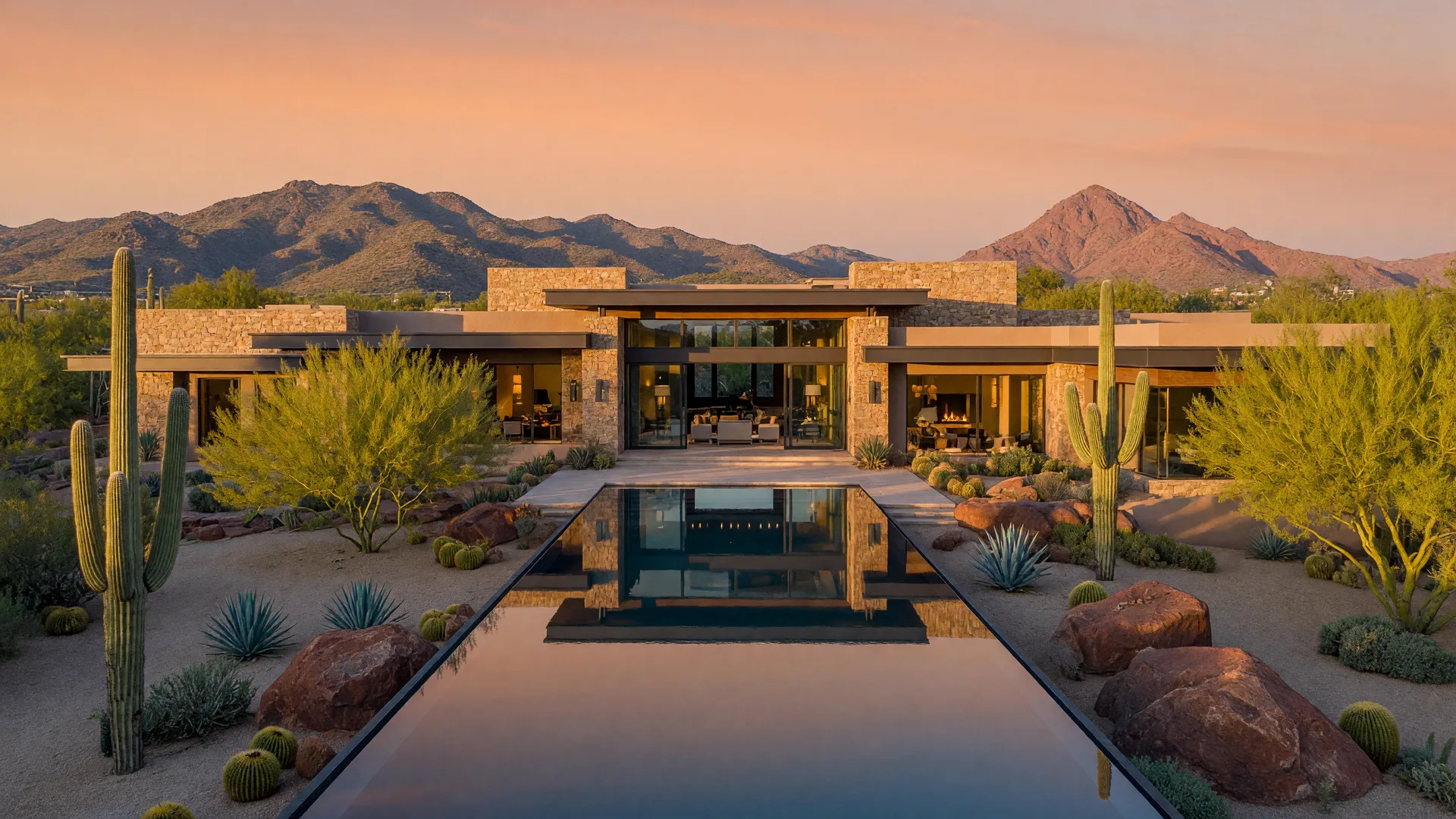 A contemporary luxury desert estate in North Scottsdale at golden hour with an infinity pool, saguaro cacti, and mountain views