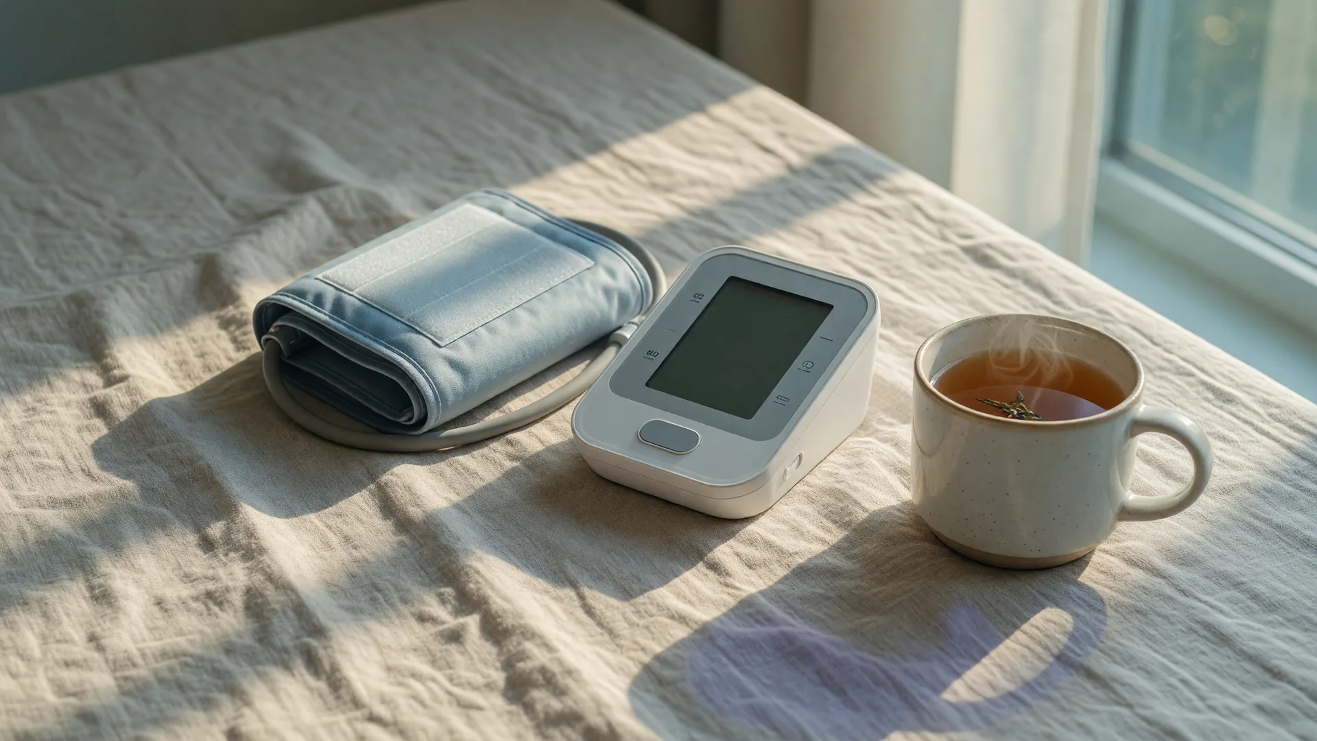 A home blood pressure monitor with a soft blue cuff on a warm linen tablecloth beside a mug of tea
