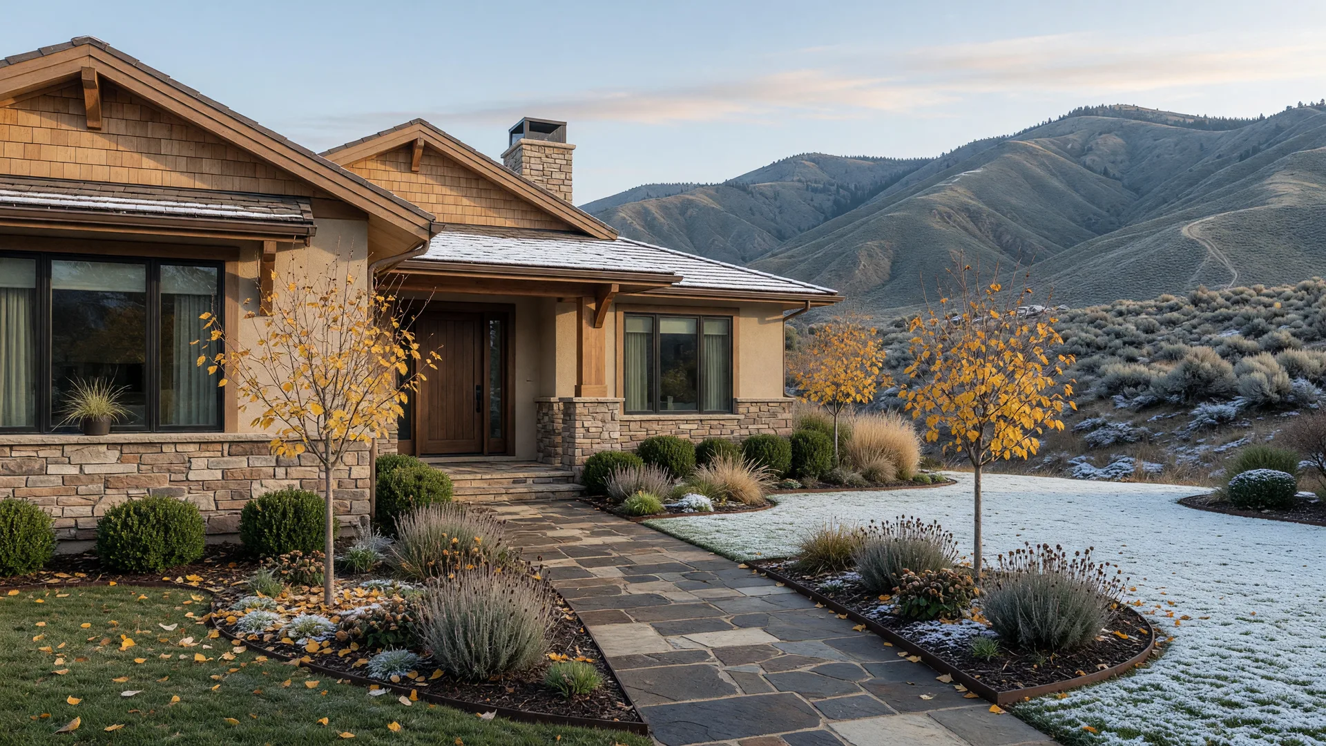 Illustrative image of an upscale Boise-area home with foothill views on a crisp late-autumn morning, golden maples in the front yard and a light dusting of snow