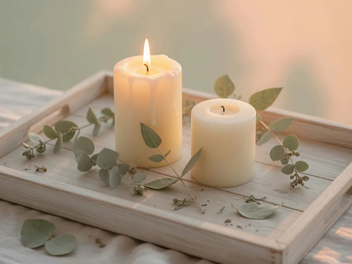 Two cream-colored candles with dried eucalyptus on a wooden tray, soft candlelight glow