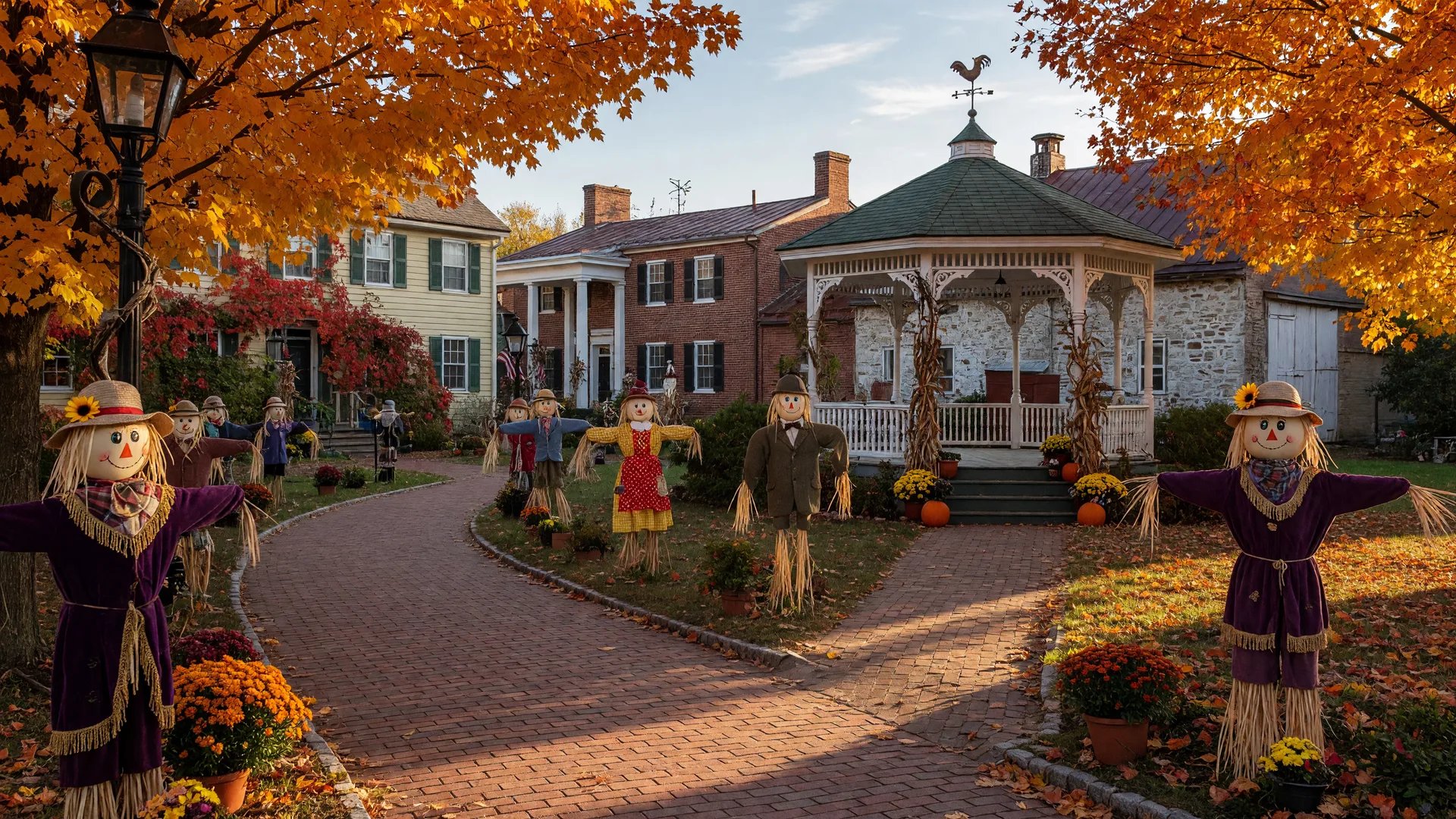 Charming Bucks County village in autumn with brick pathways lined with colorful scarecrows and a historic gazebo