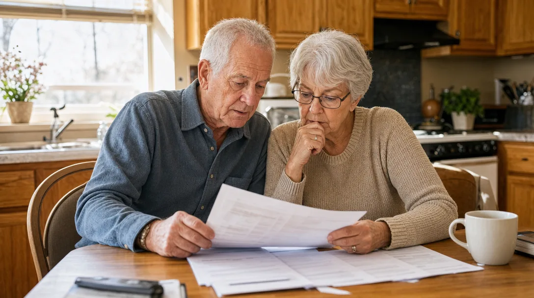 Senior couple reviewing home sale documents together at a sunlit kitchen table