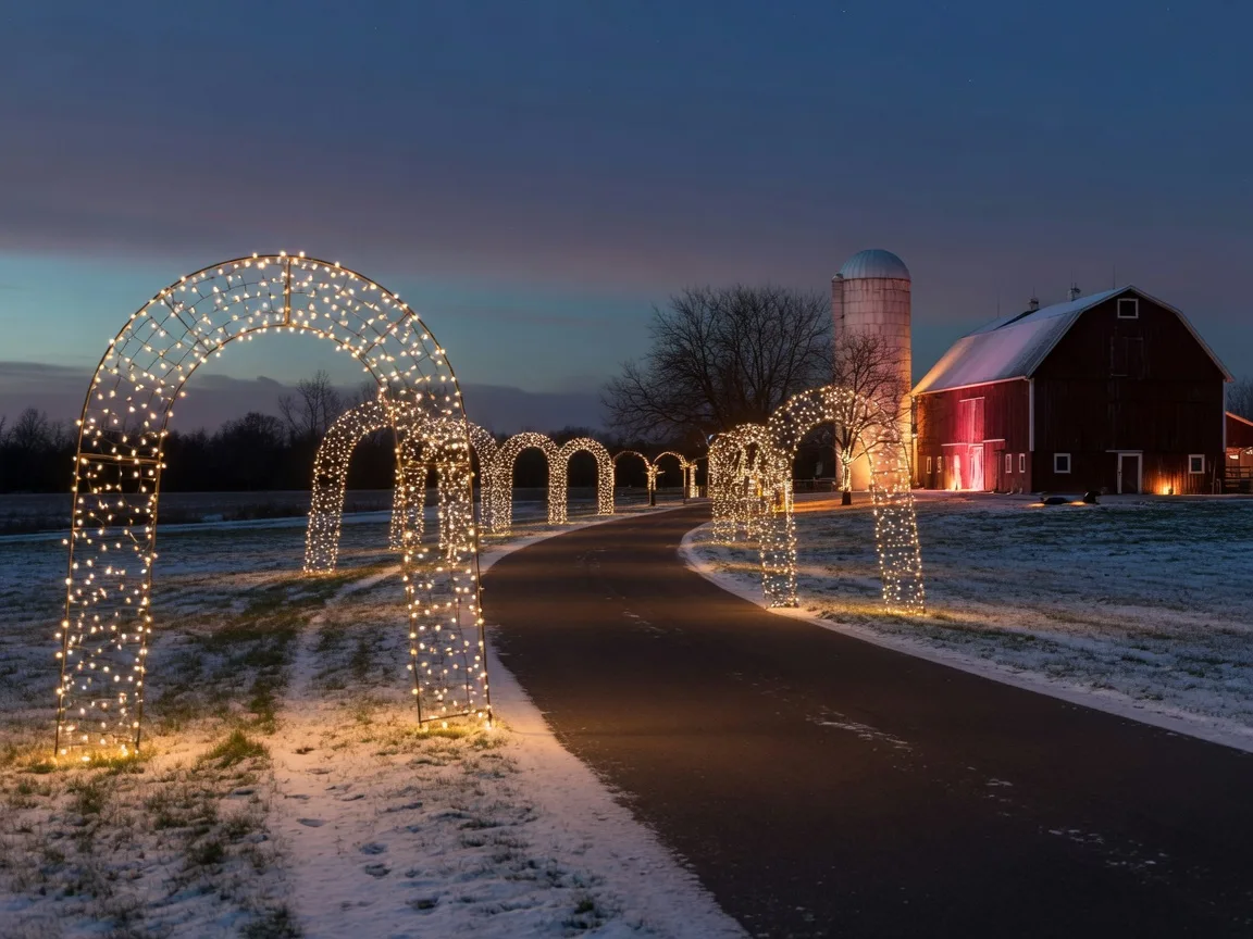 Glowing holiday light arches lining a snowy drive-through at a country farm park