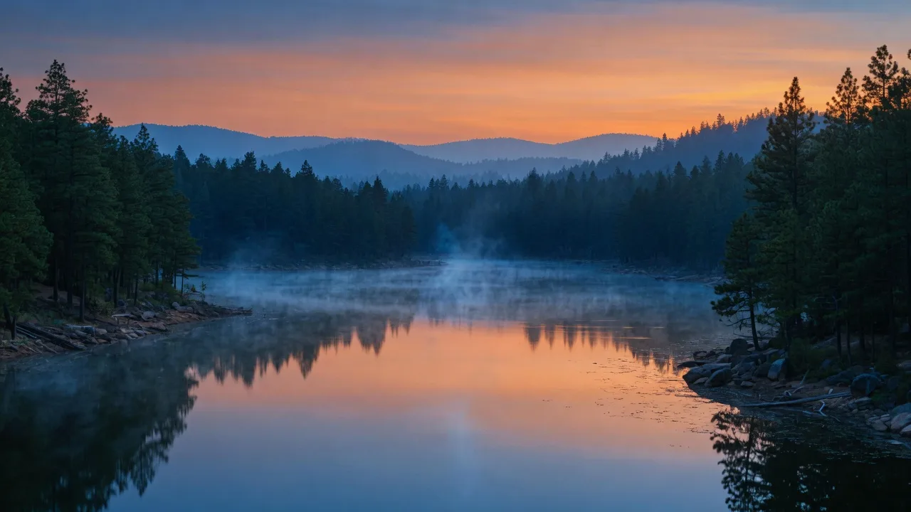 Small mountain lake on the Mogollon Rim at blue hour, reflecting a warm sunset sky