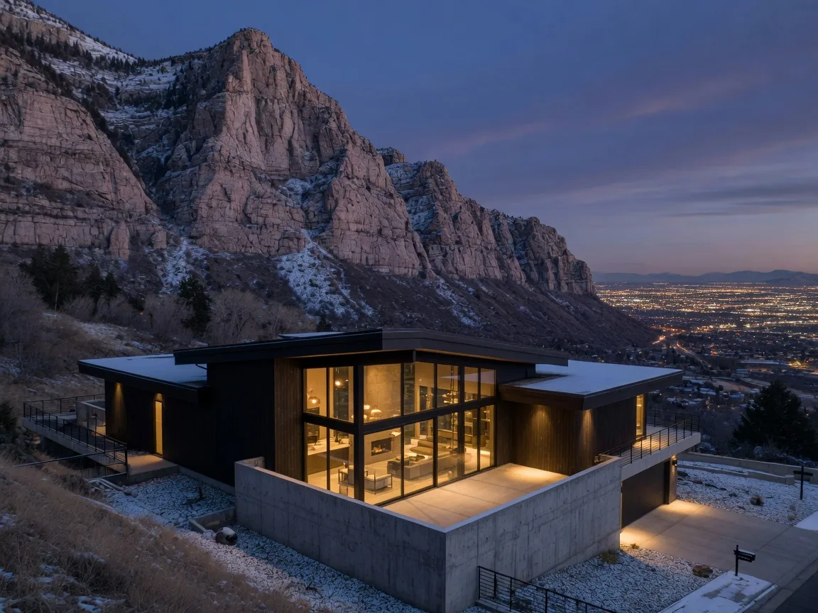 Mountain-modern luxury home on a bench lot above Wasatch Boulevard in Cottonwood Heights, Utah, with Big Cottonwood Canyon peaks at dusk