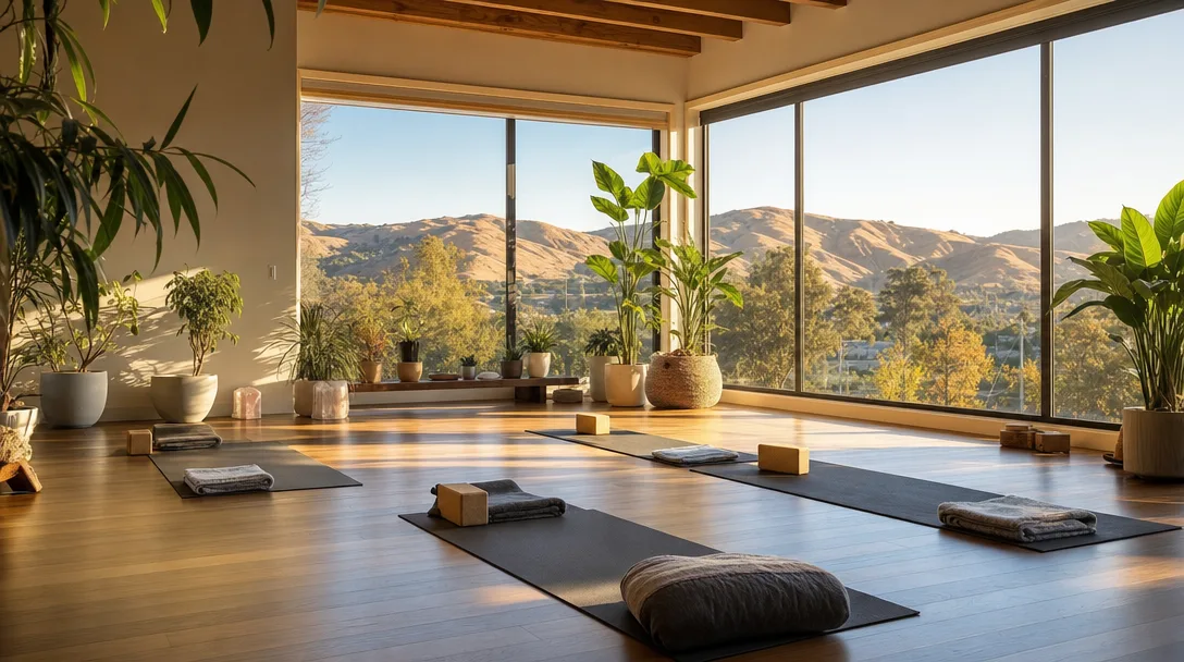 Bright modern yoga studio in Santa Clarita Valley with morning light streaming through windows