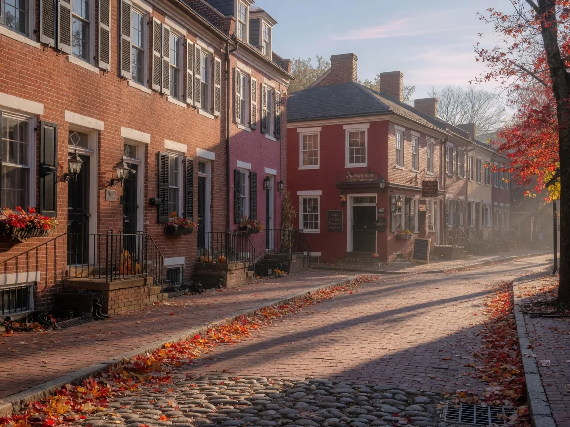 Historic brick street in Old Town Alexandria, Virginia on a crisp October morning, 18th-century rowhouses with black shutters and iron lanterns, red and gold autumn leaves over the brick sidewalks, and a historic tavern building