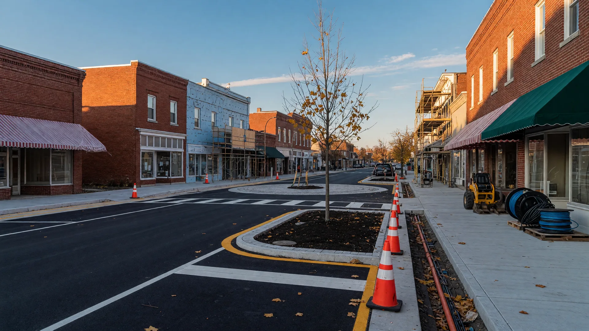 Small-town downtown street under reconstruction with new curbs and a roundabout