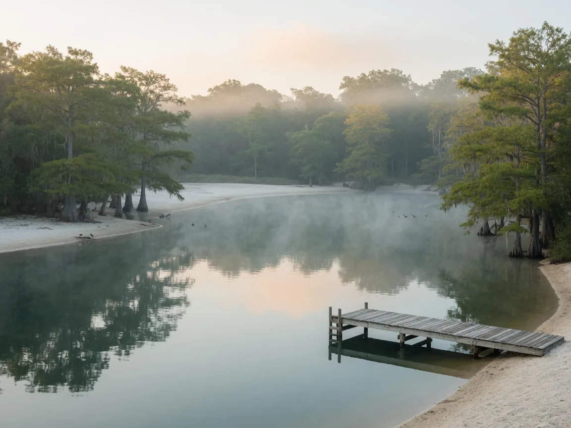 Still, tree-lined lake cove with mist and a wooden kayak dock near Gordonville
