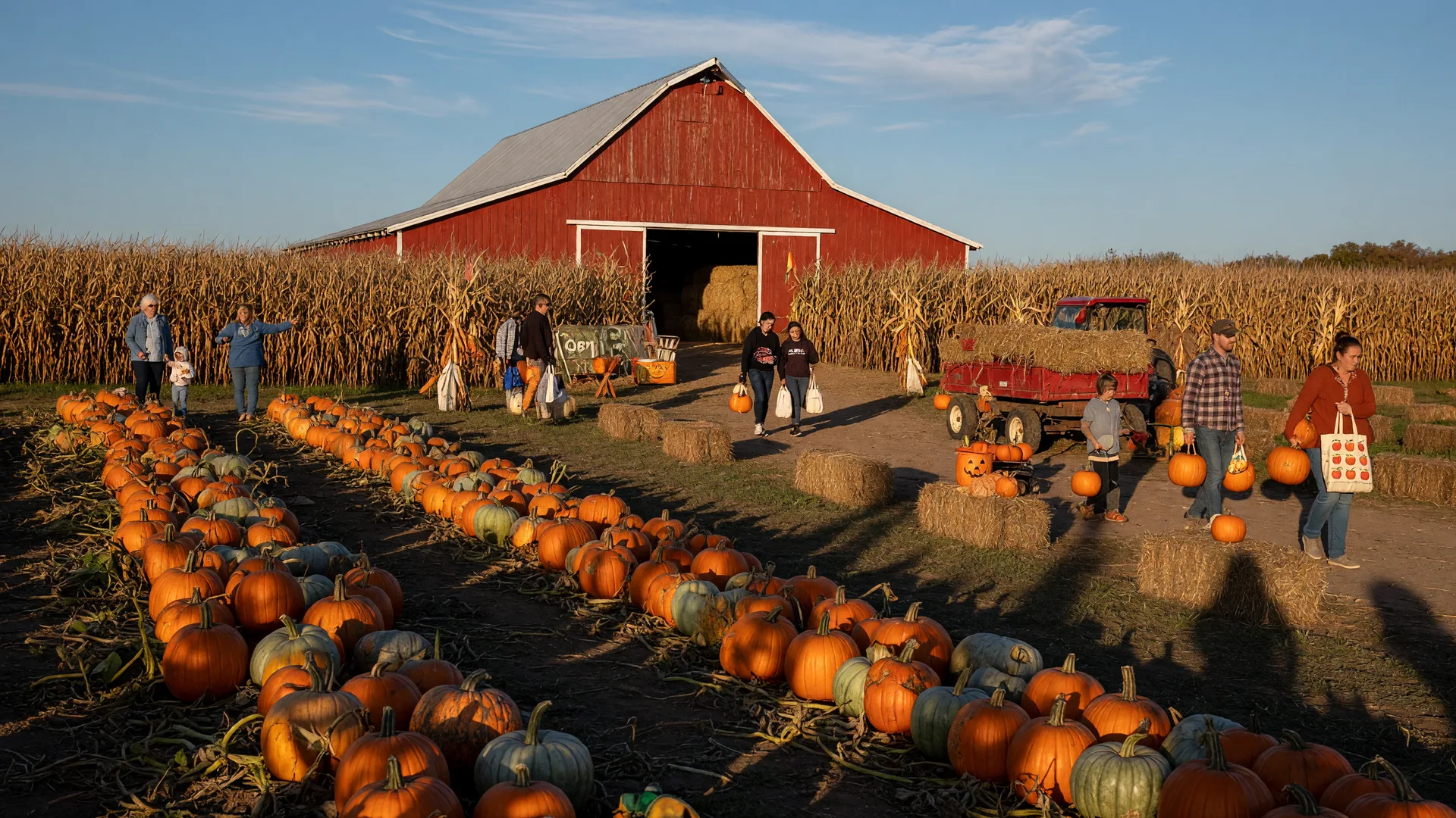 Bucks County pumpkin farm at harvest time with a red barn, corn maze, hay bales and families picking pumpkins