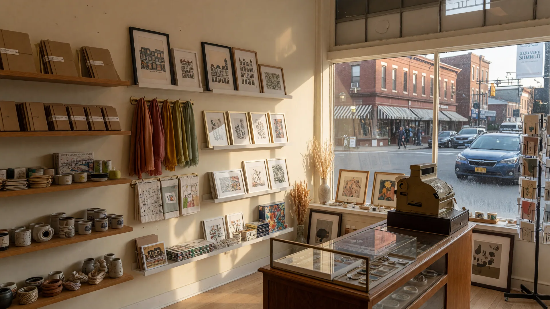 The warm, curated interior of a gift shop and art gallery with wooden shelves of stationery, framed art prints, ceramics, and home goods in soft afternoon light