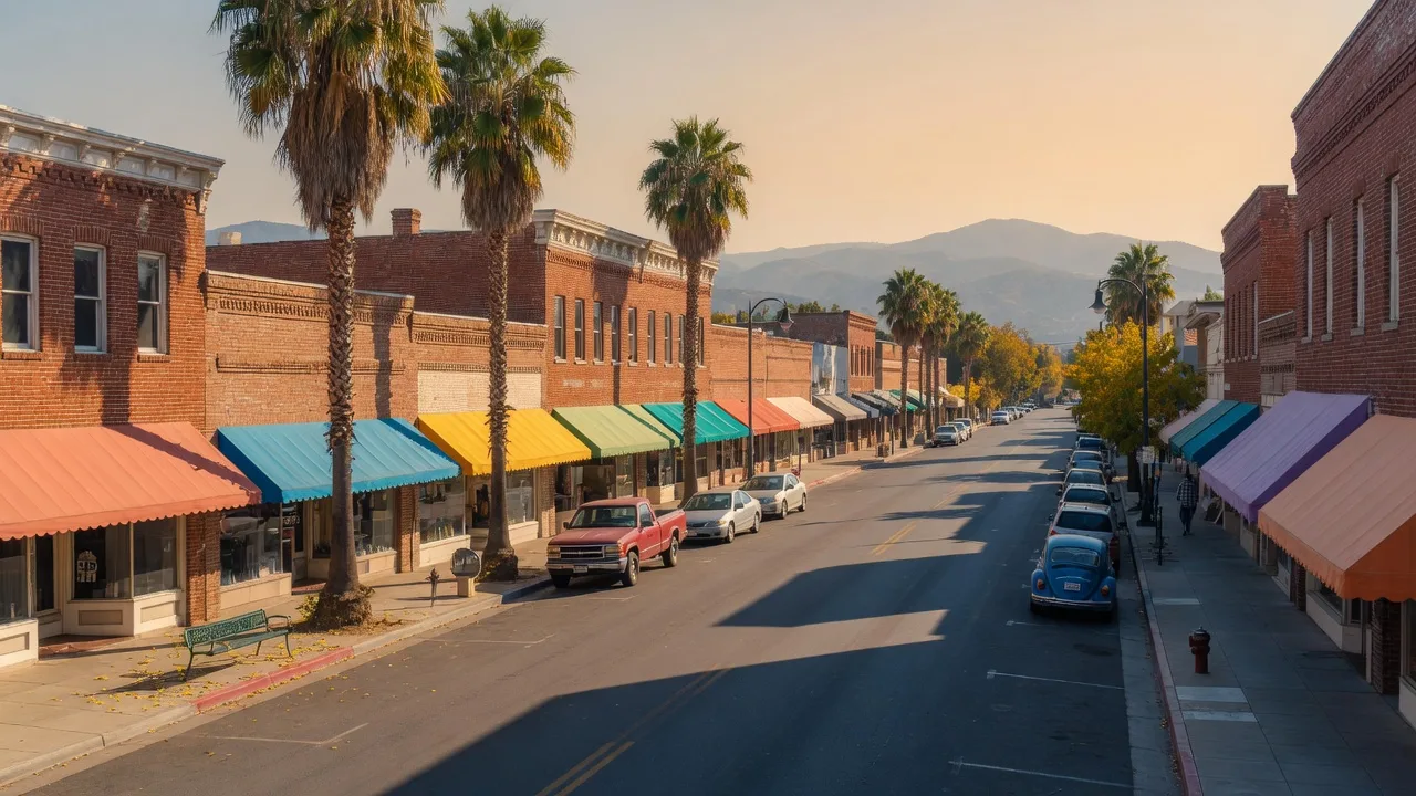 Downtown Merced, California on a clear mid-October late afternoon, West Main Street with historic brick storefronts, canvas awnings, and palm-lined sidewalks, warm autumn light, and the hazy Sierra Nevada foothills on the horizon