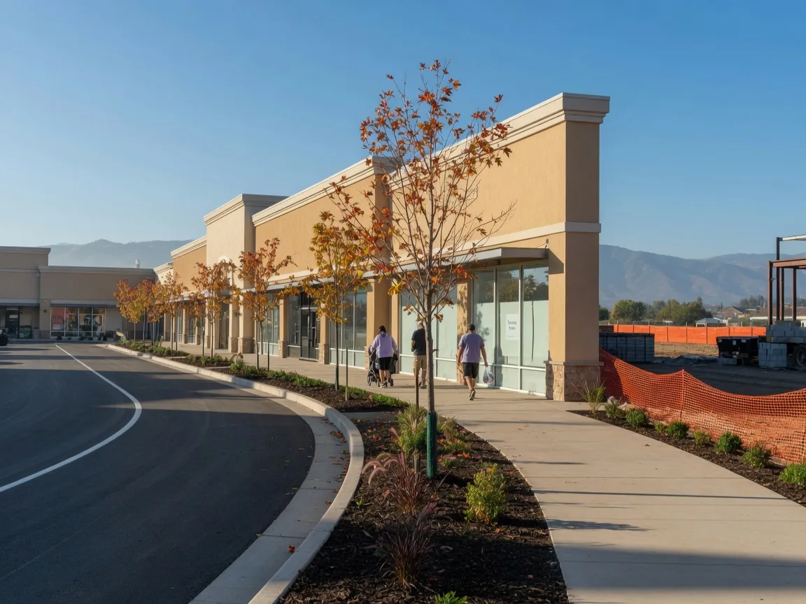 A newly developing shopping center corridor on the edge of a Central Valley city on a clear October morning, a freshly paved entrance with new stucco storefronts, young trees and autumn landscaping along a wide sidewalk, and the Sierra Nevada foothills on the horizon