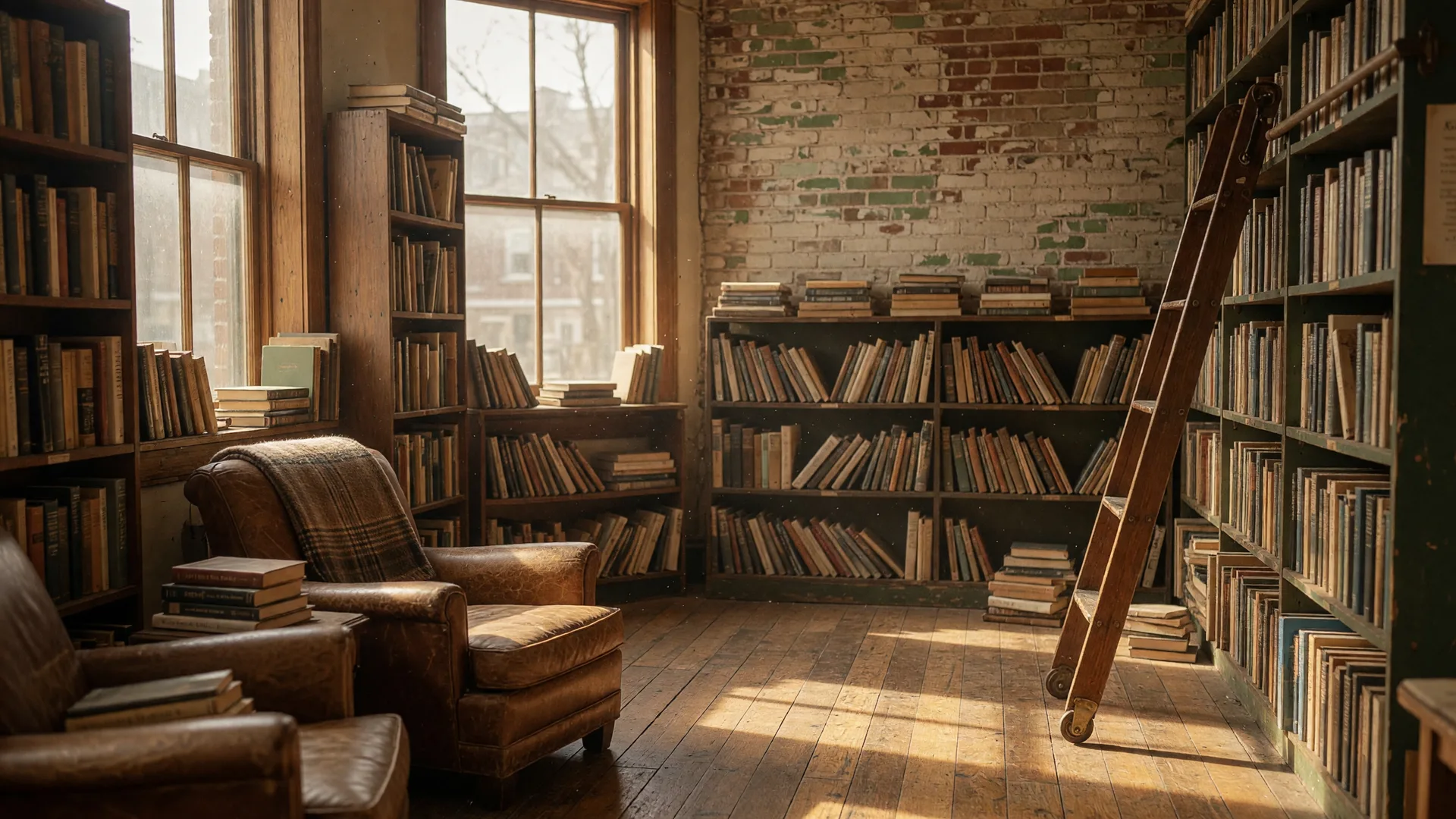The warm interior of an independent bookstore in an old Philadelphia rowhouse, tall wooden shelves packed with books, a rolling library ladder, and a worn leather armchair in golden afternoon light