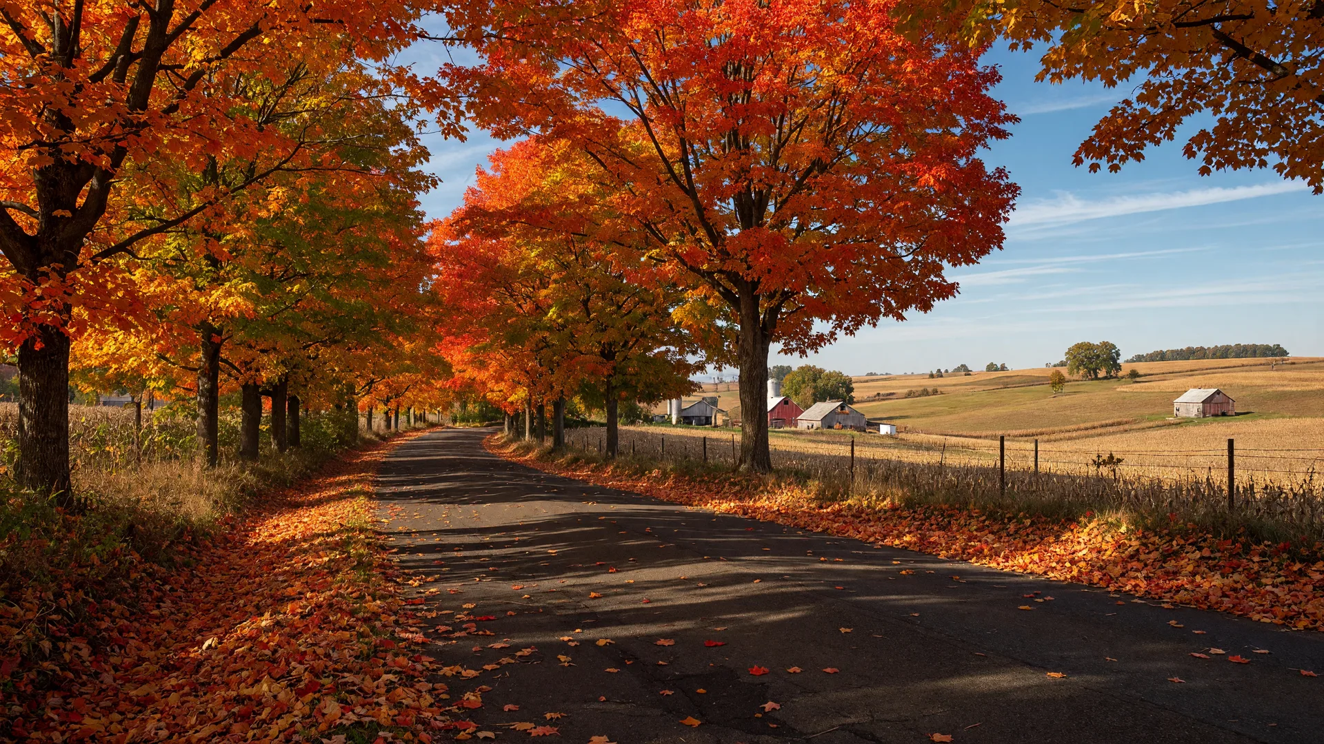 Rural Michigan landscape in full autumn color, with brilliant red, orange, and gold foliage stretching across rolling farmland under soft fall light