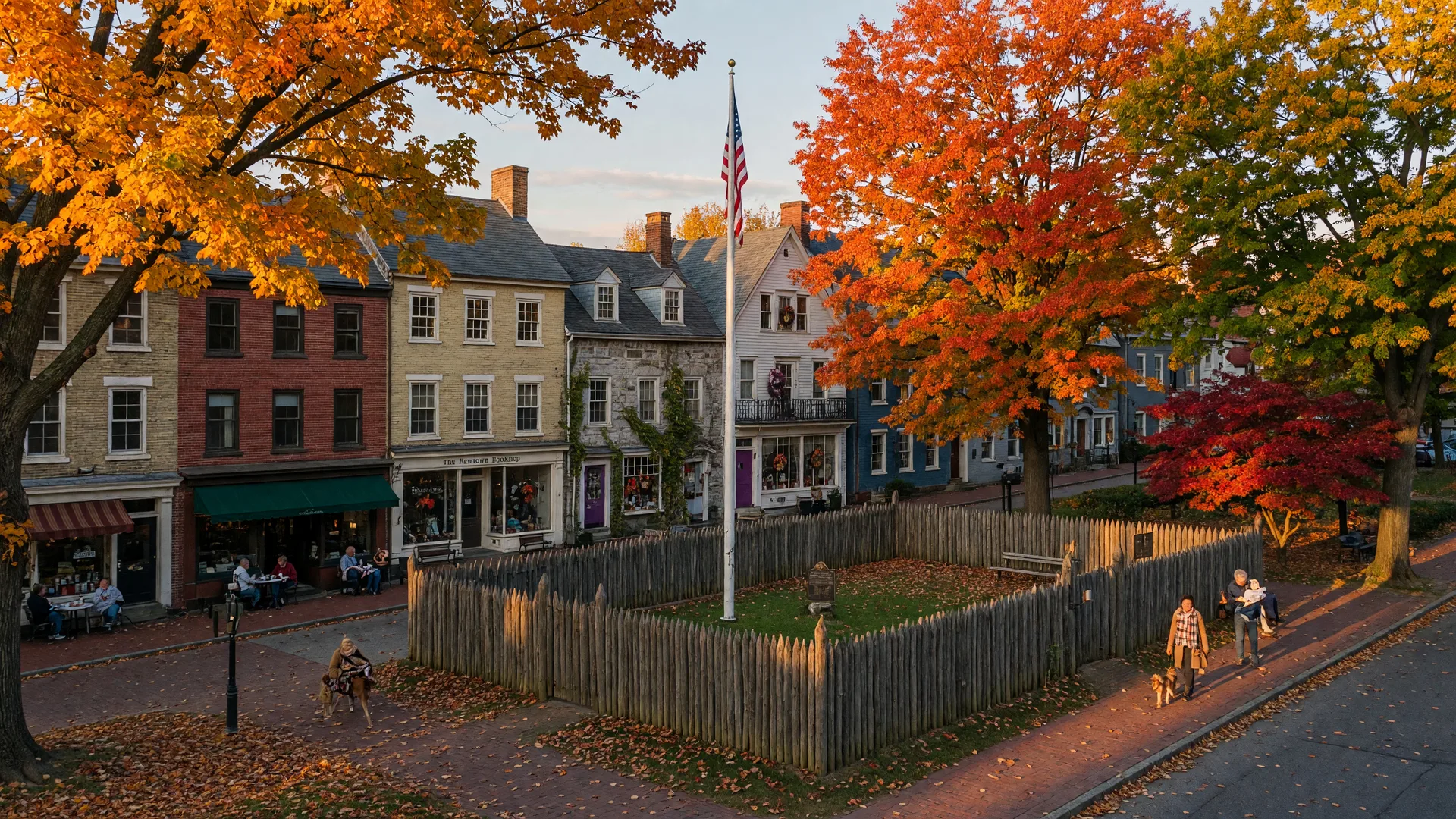 Historic Newtown town square with stockade, 18th century buildings, and autumn foliage