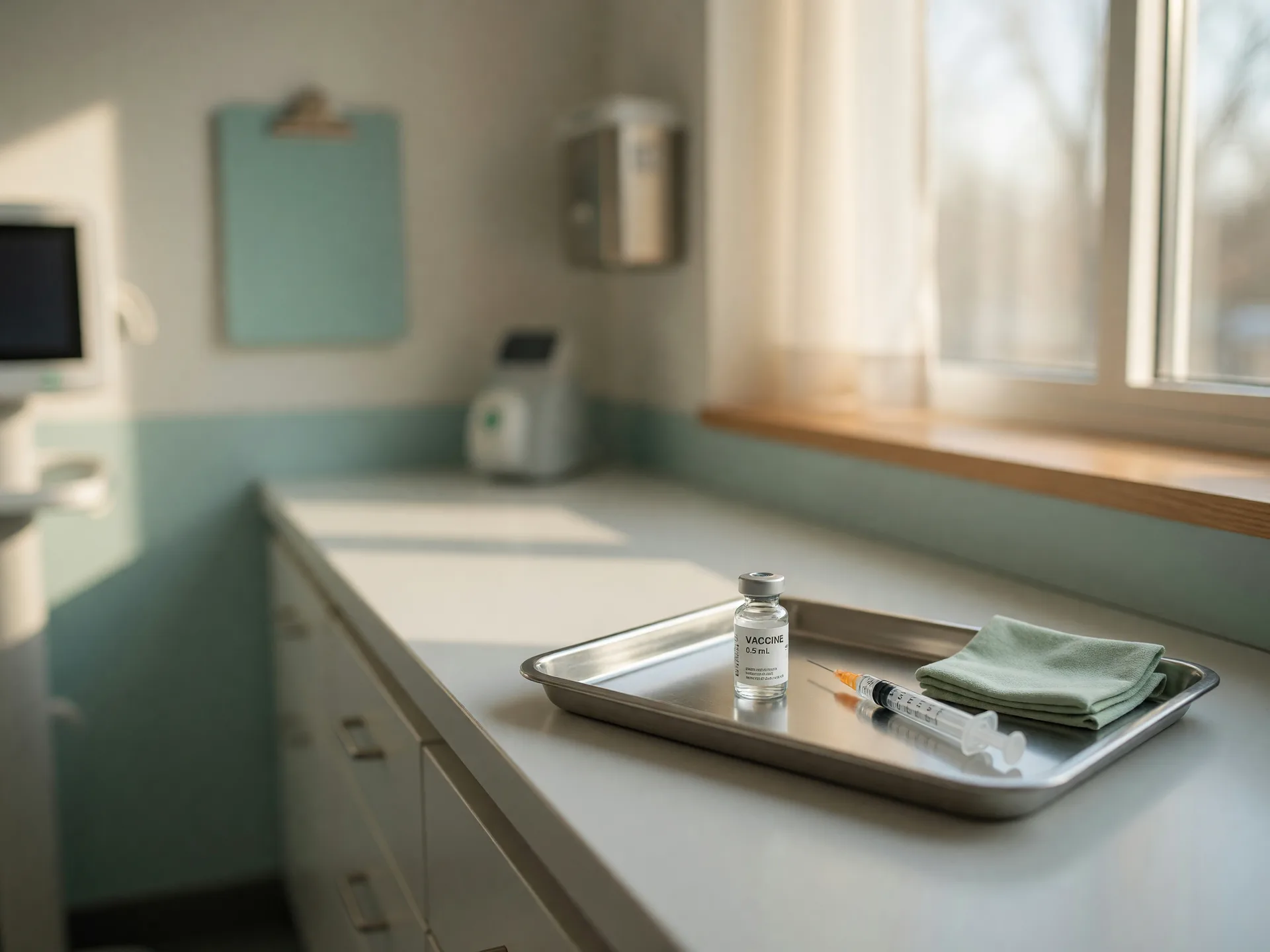 A tray with a single vaccine vial and syringe beside a folded cotton pad in a clean clinic room