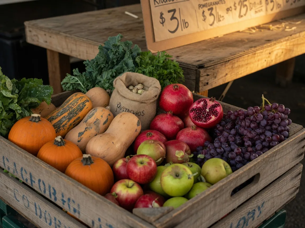 A close-up of a farmers market crate in the Central Valley in late October, deep orange pumpkins and butternut squash, crimson pomegranates, crisp red and green apples, bunches of purple table grapes, and a small burlap sack of pistachios, with a wooden price board softly blurred behind