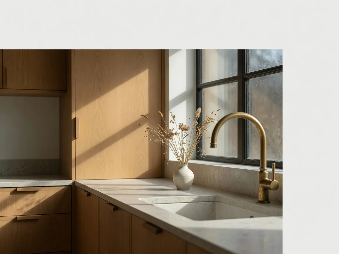 A bright kitchen with warm oak cabinetry, a brass faucet, and soft morning light through steel windows