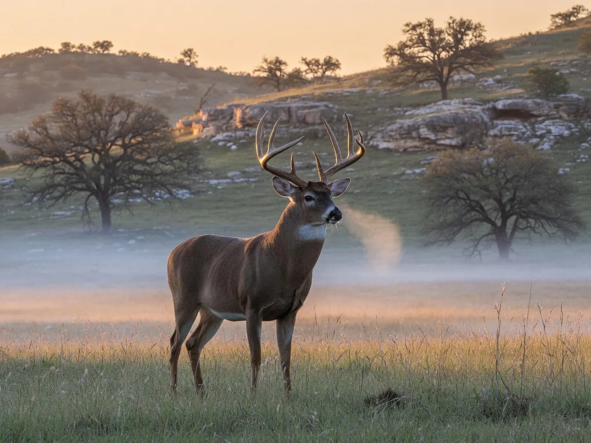 A white-tailed buck with a full antler rack standing alert in Hill Country native grass at dawn with mist rising off the pasture