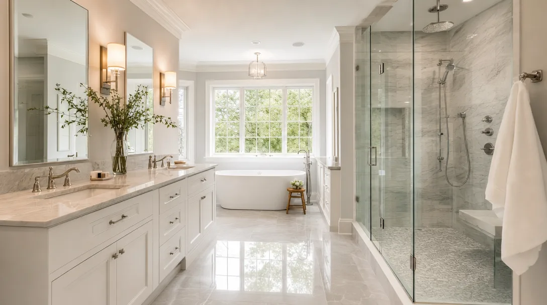 Luxurious primary bathroom with walk-in shower, double vanity, and modern fixtures