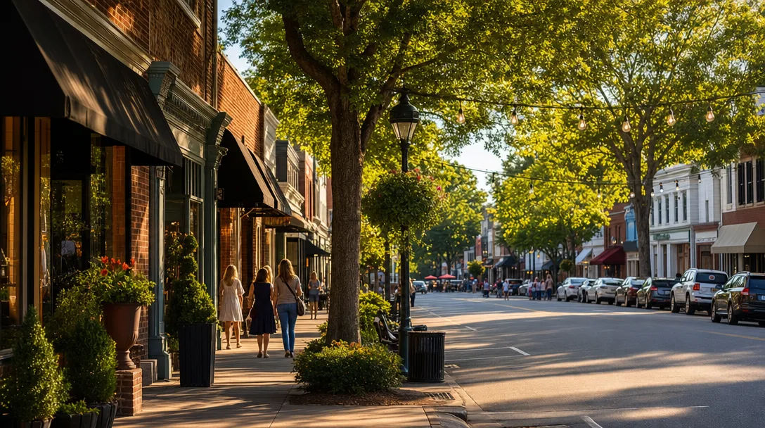 Downtown Woodstock Main Street with boutique shops, outdoor cafe seating, and warm golden-hour light filtering through the trees