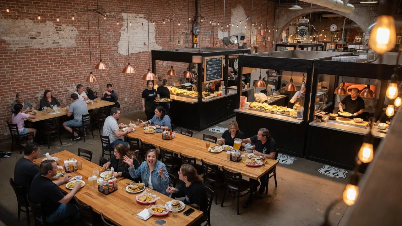 Inside Mother Road Market, Tulsa's nonprofit food hall on Route 66, with independent restaurant stalls, communal tables, and diners in the Kendall-Whittier neighborhood