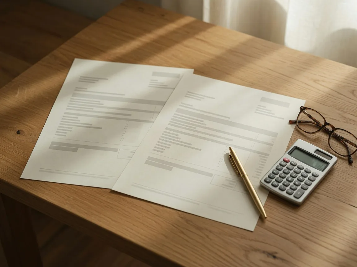 Two Loan Estimate documents side by side on a warm oak desk with a gold pen, calculator, and reading glasses, the paperwork of comparing lender costs before closing