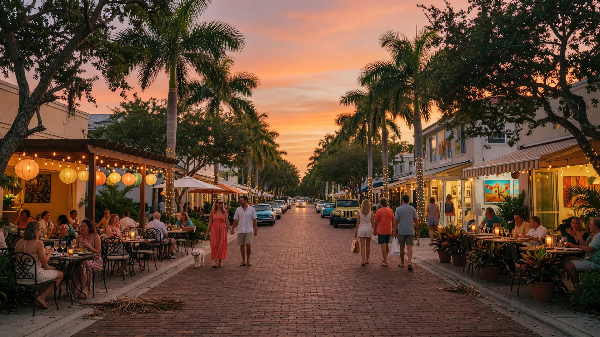 Atlantic Avenue in downtown Delray Beach at sunset with outdoor cafes, palms, and pedestrians
