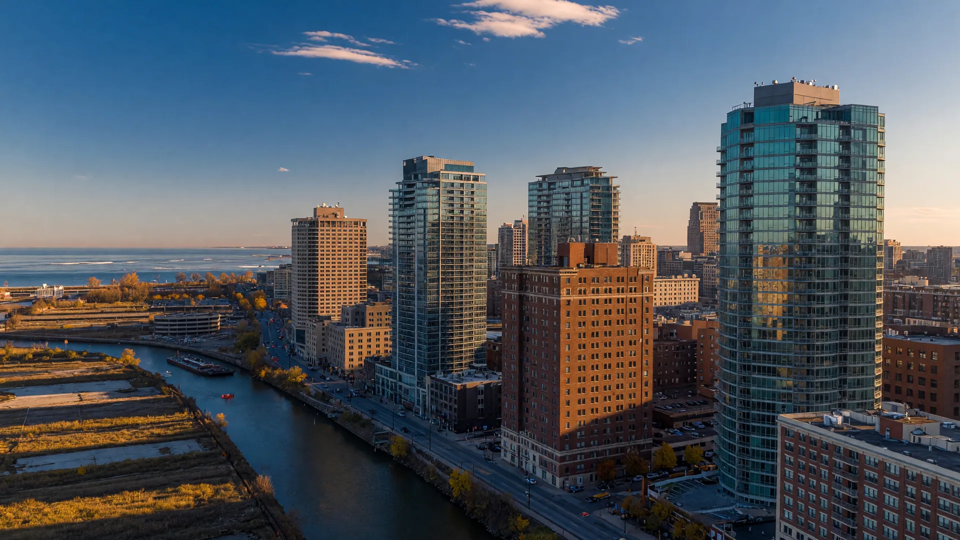 Downtown Cleveland's residential high-rise district on a clear autumn late afternoon, glass condo towers and brick mid-rises rising above the Cuyahoga river flats with Lake Erie on the horizon