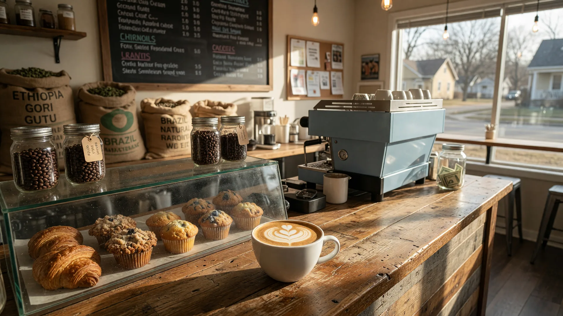 The welcoming interior of Calico Jack Coffee Roastery in Mentor Ohio with a latte featuring heart foam art on a reclaimed wood counter, a matte espresso machine, burlap sacks of coffee beans and a pastry case in warm morning light