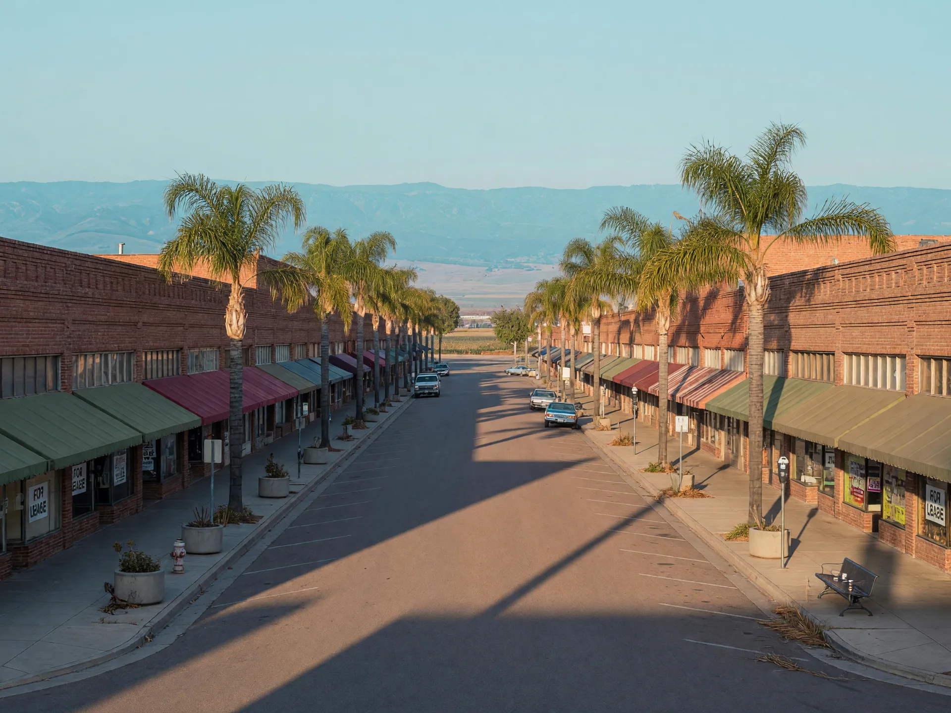 Downtown Merced's Main Street on a clear autumn morning with historic brick storefronts, canvas awnings, palm-lined sidewalks, and the Central Valley stretching to the distant foothills