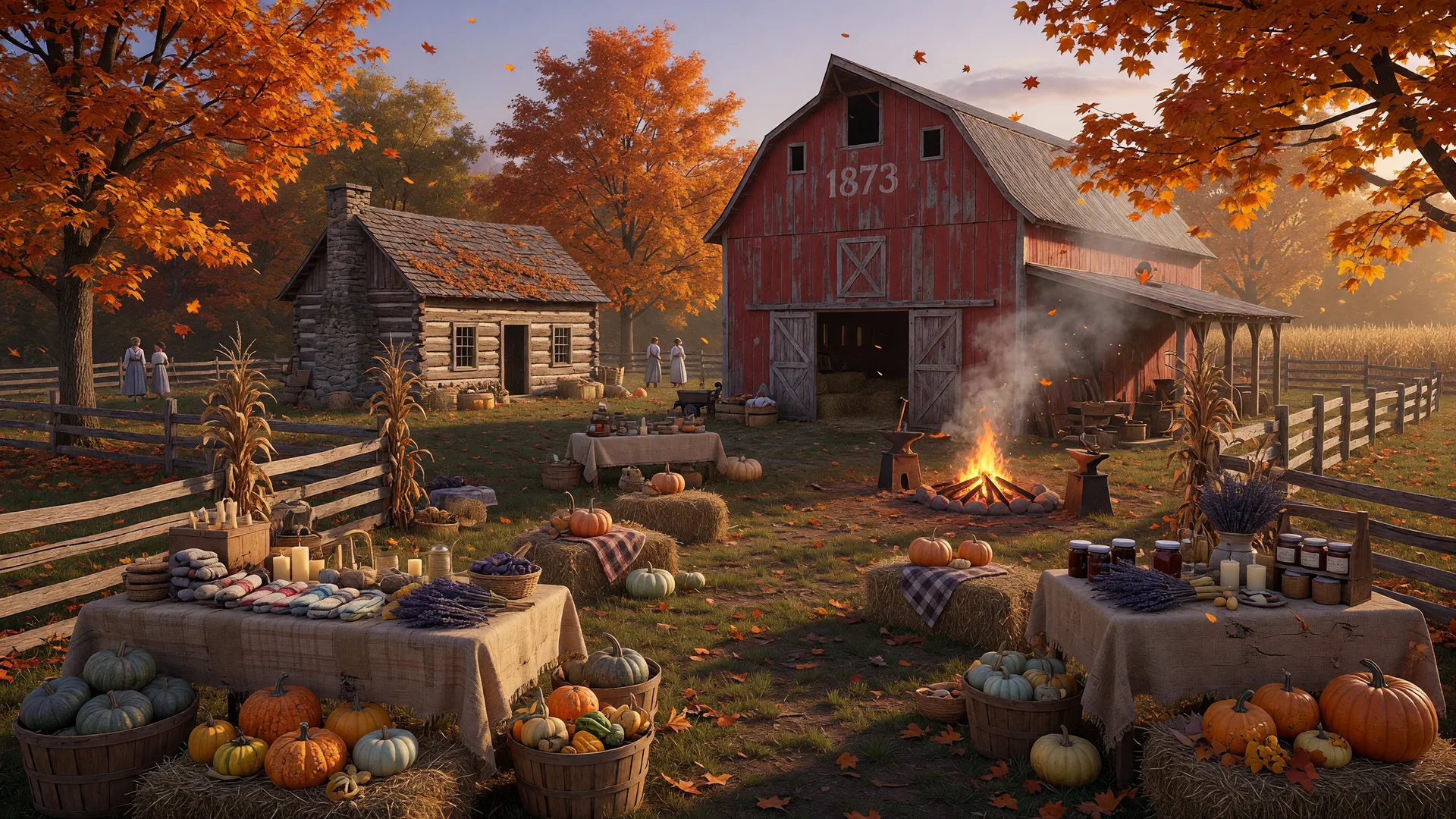 A rustic red barn, heirloom pumpkins, and craft tables at a living-history farm festival in peak fall color