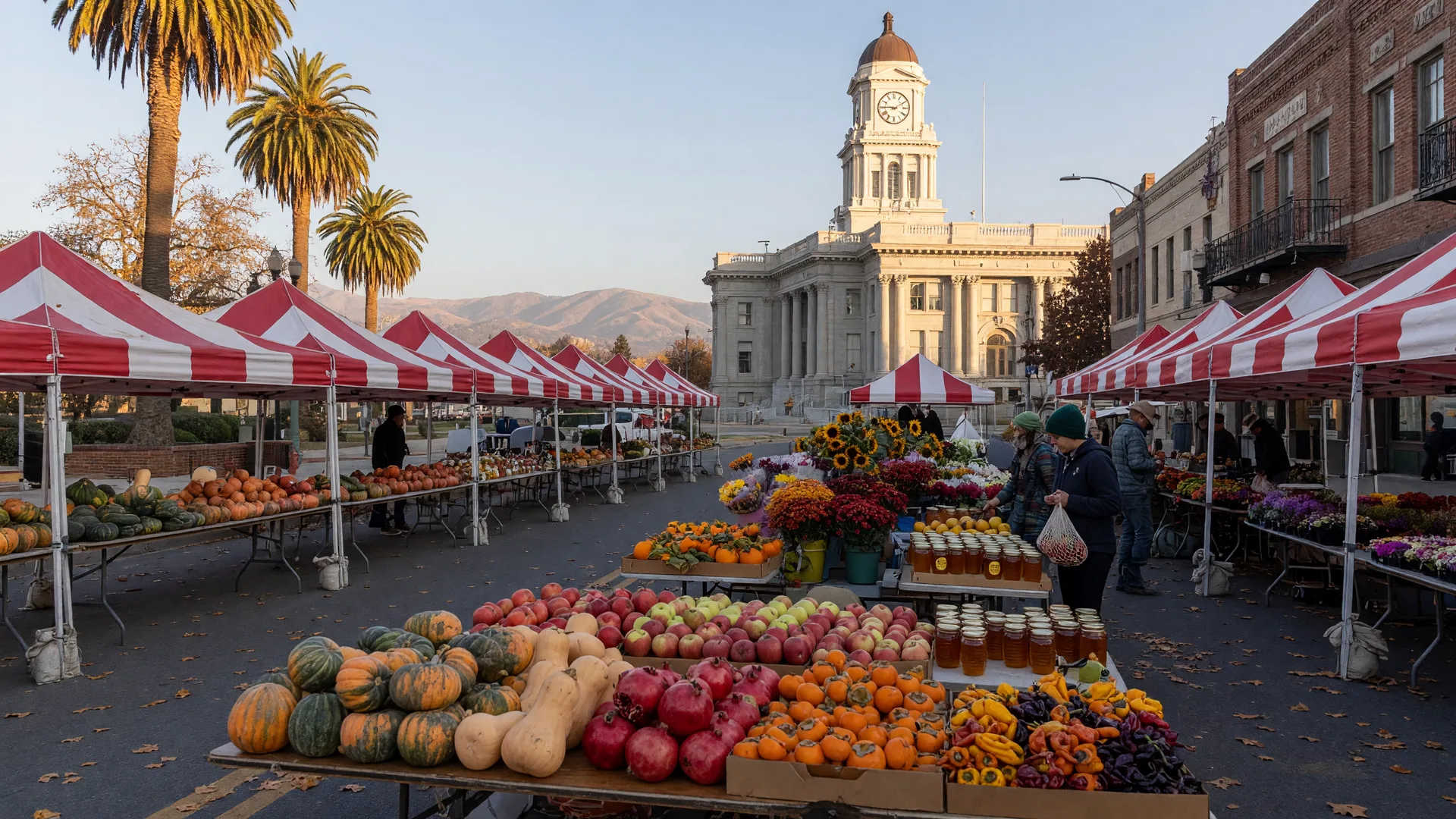 A farmers market on a closed downtown intersection in Merced on a crisp November Saturday morning, red and white vendor tents over tables of winter squash, persimmons, and pomegranates, the neoclassical courthouse clock tower in the background, and the hazy Sierra Nevada foothills on the horizon
