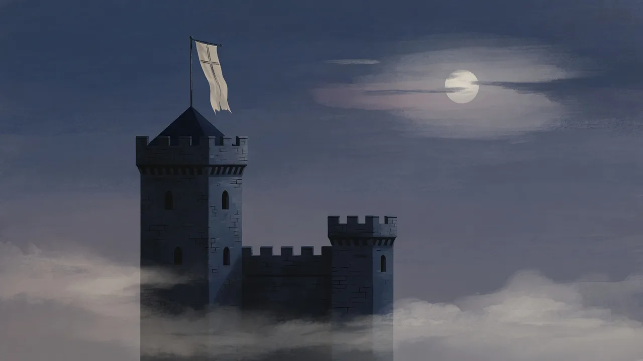 A quiet stone castle tower and crenellated wall against a soft navy twilight sky, a restrained medieval motif