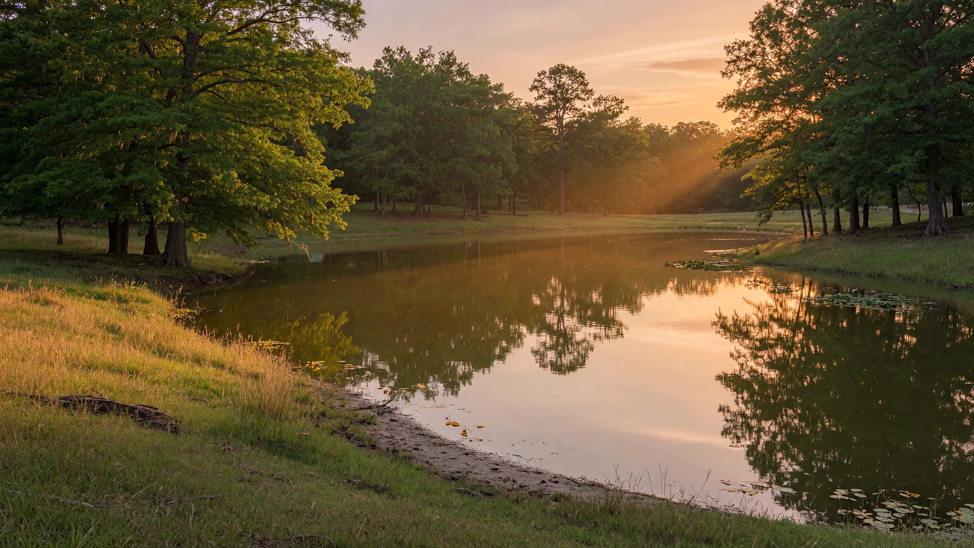 Wooded pond at golden hour in rural Northeast Texas