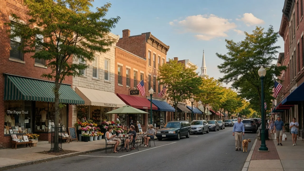 Historic downtown Madison NJ with brick storefronts, boutique shops, and tree-lined streets on a warm summer afternoon