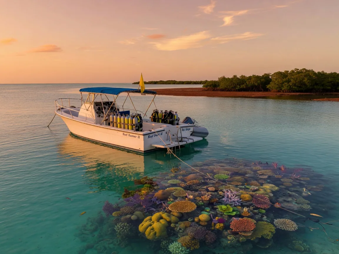 A dive boat moored over a coral reef in the Florida Keys at golden hour, turquoise water with colorful coral visible just below the surface, a calm horizon and a distant mangrove shoreline