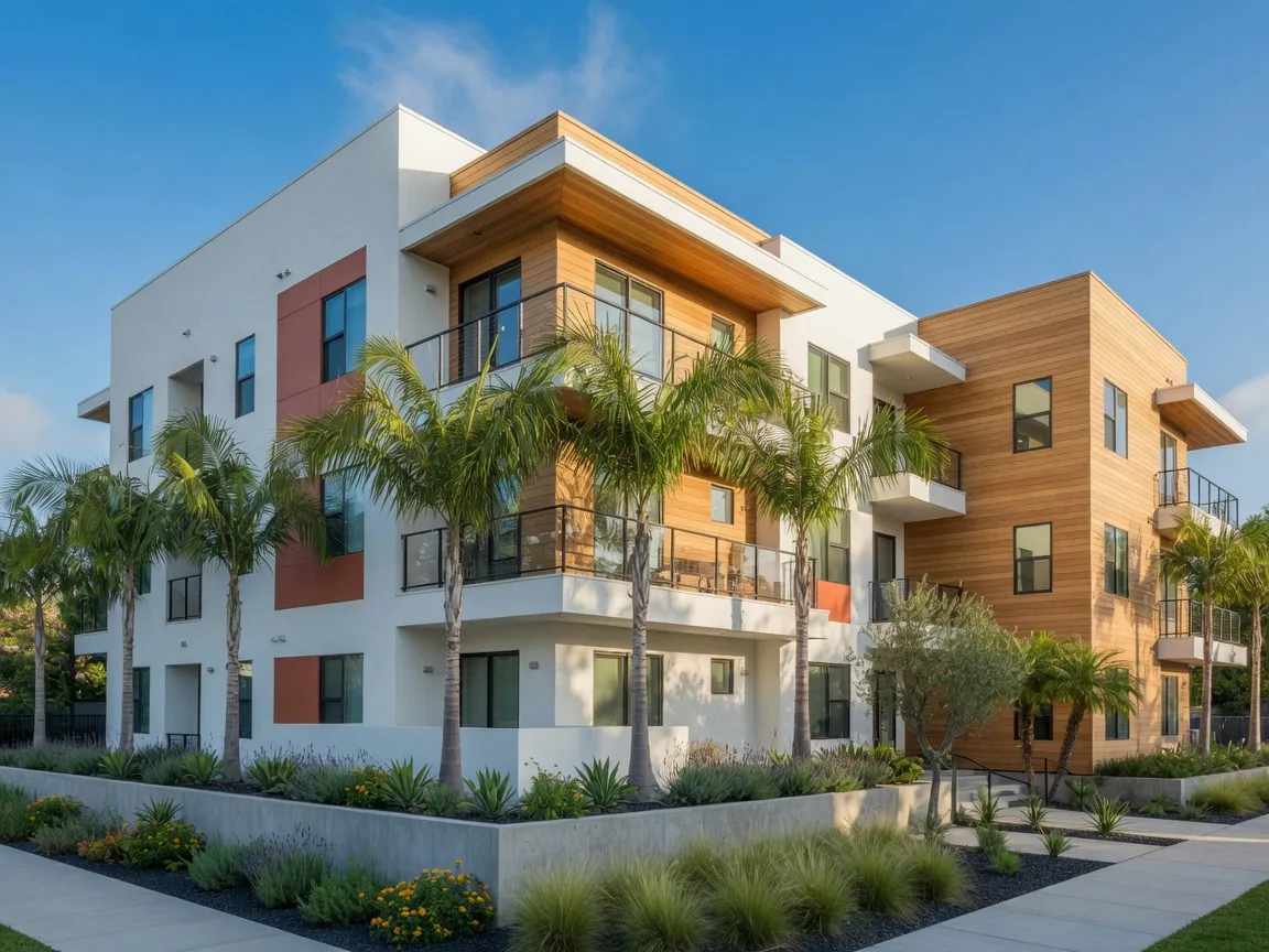 A modern multifamily apartment building with balconies and palm-tree landscaping