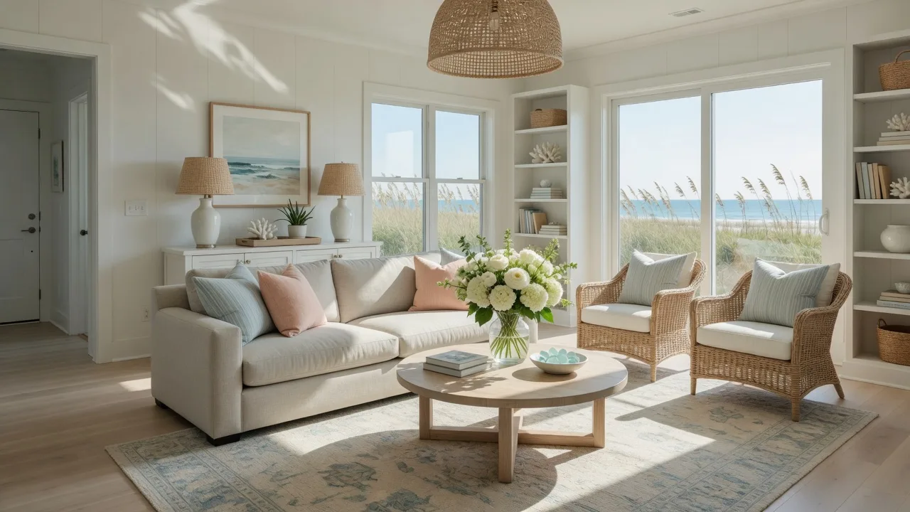 Brightly staged living room in a Virginia Beach home ready for sale with neutral coastal decor and fresh flowers