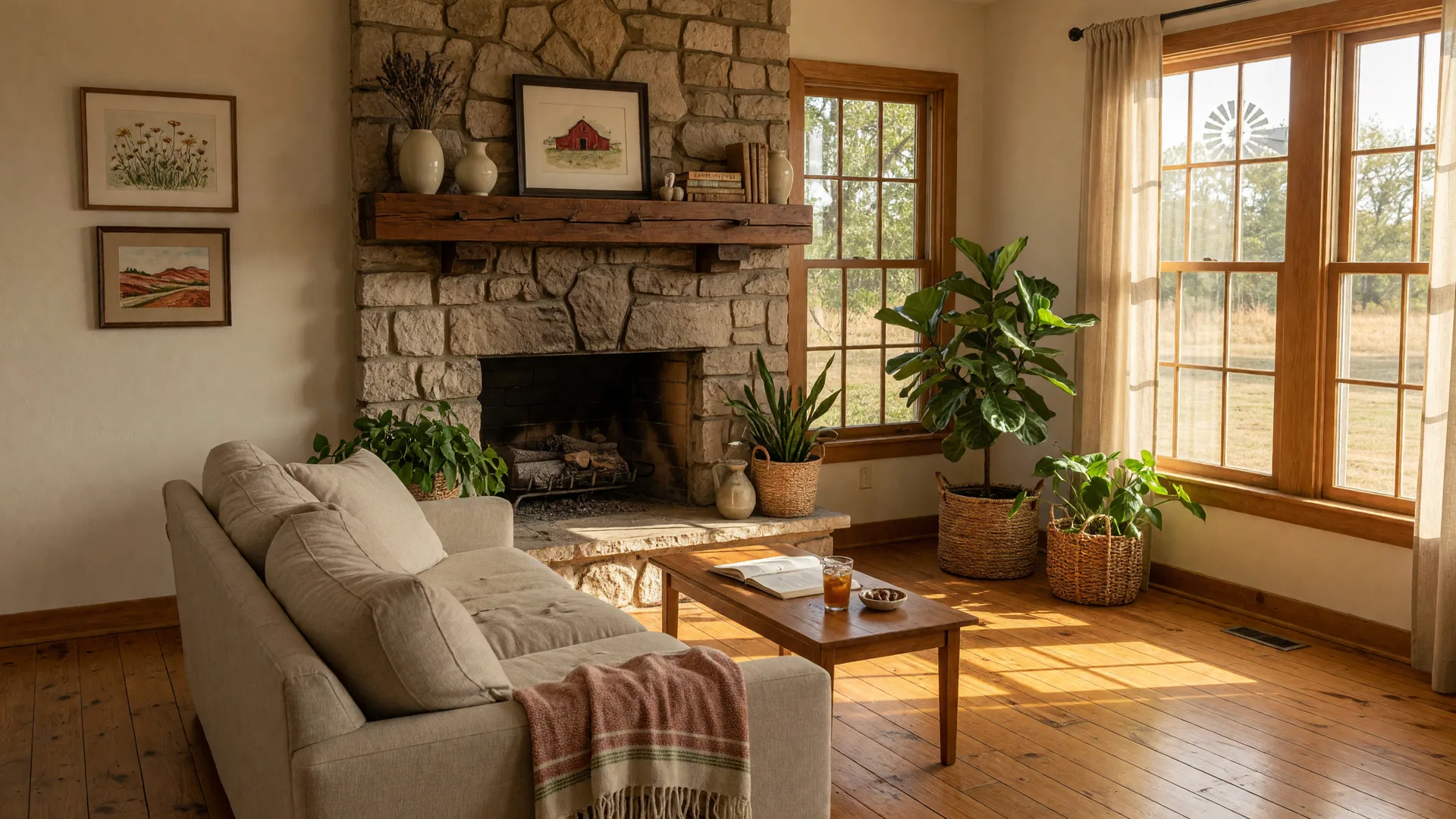 Cozy farmhouse living room with warm wood floors, a neutral linen sofa, a stone fireplace, and large sunlit windows