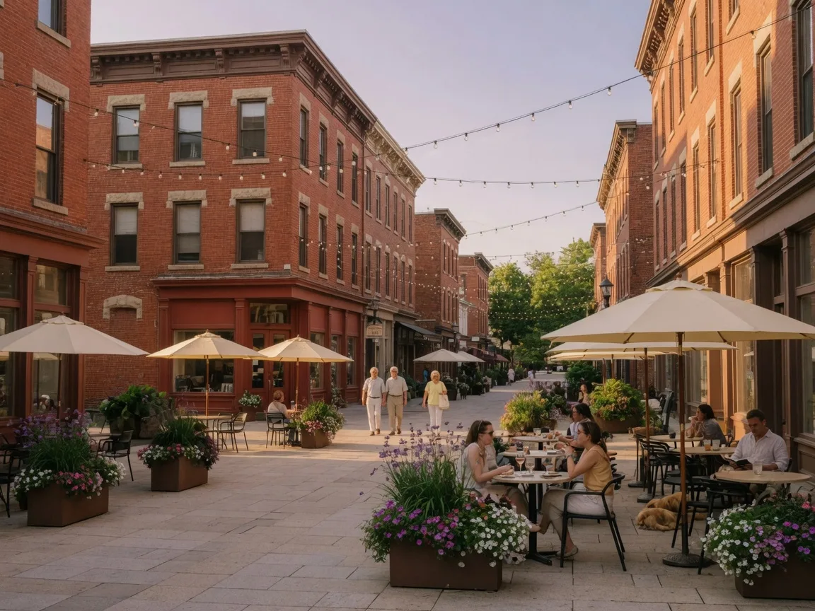 Church Street pedestrian plaza in downtown Montclair NJ on a summer evening with red brick storefronts, string lights, café umbrellas,and planted flowers along the car-free street