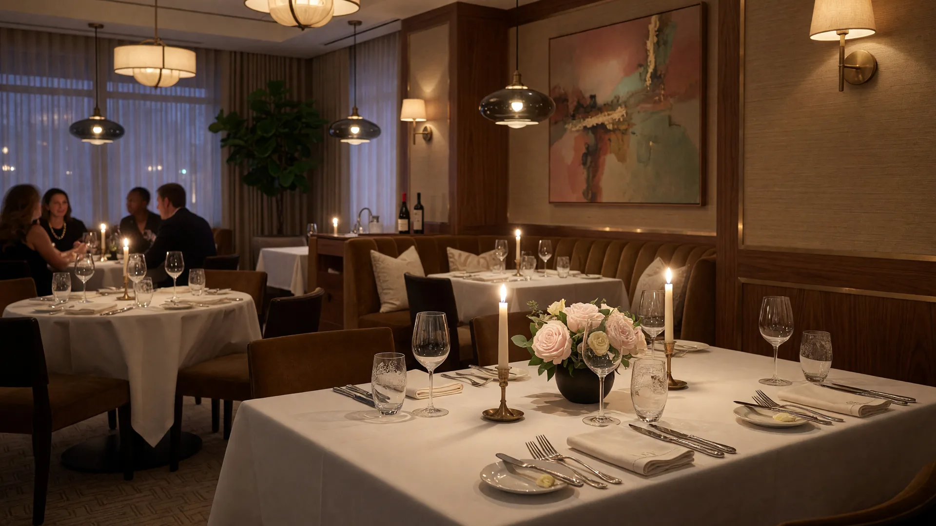 Elegant restaurant interior in Cherry Hill NJ with candlelit tables and warm ambiance