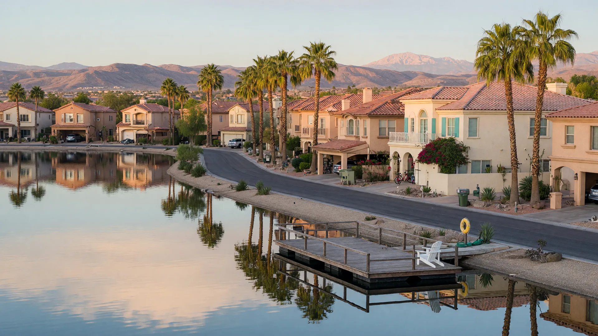 Quiet lakefront residential district in northwest Las Vegas with a private lake, villas, palm trees and a small community dock