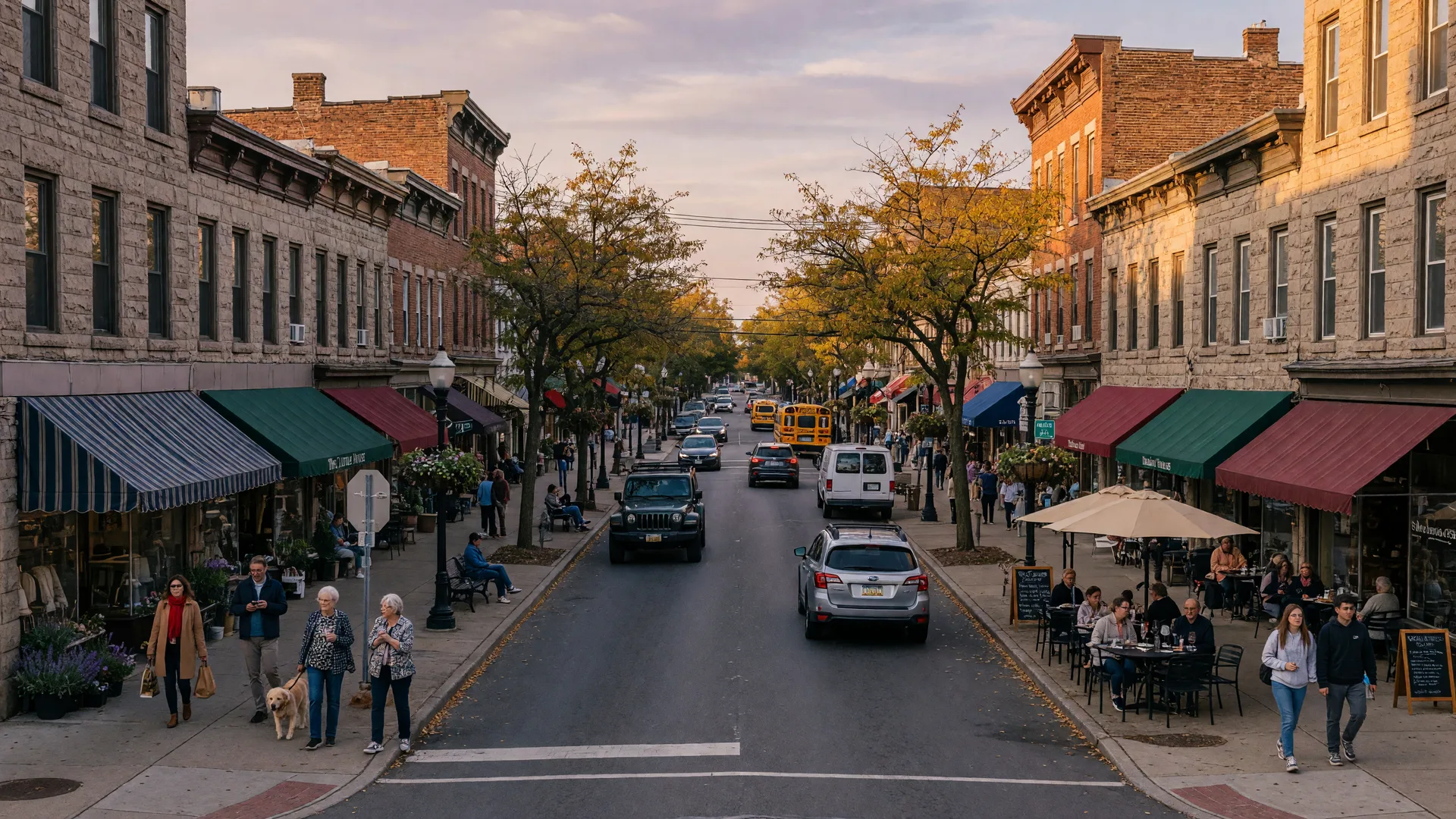Lancaster Avenue in Wayne with historic stone storefronts, boutique shops, and pedestrian activity